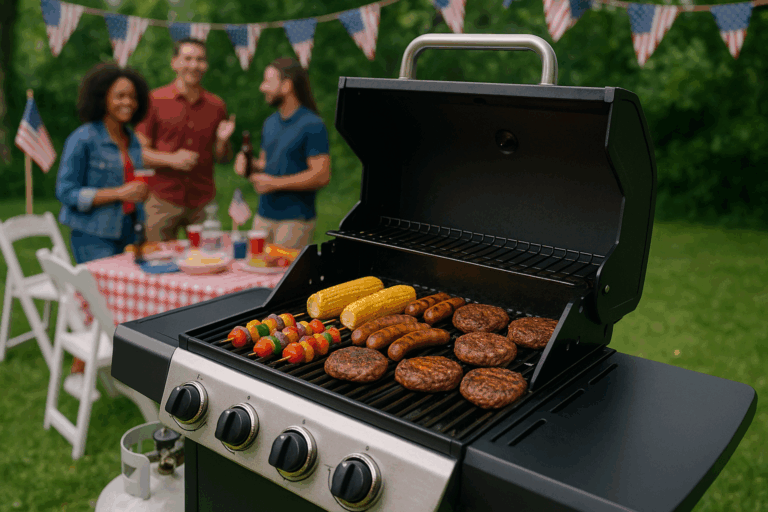 grill with 4th of july party in background